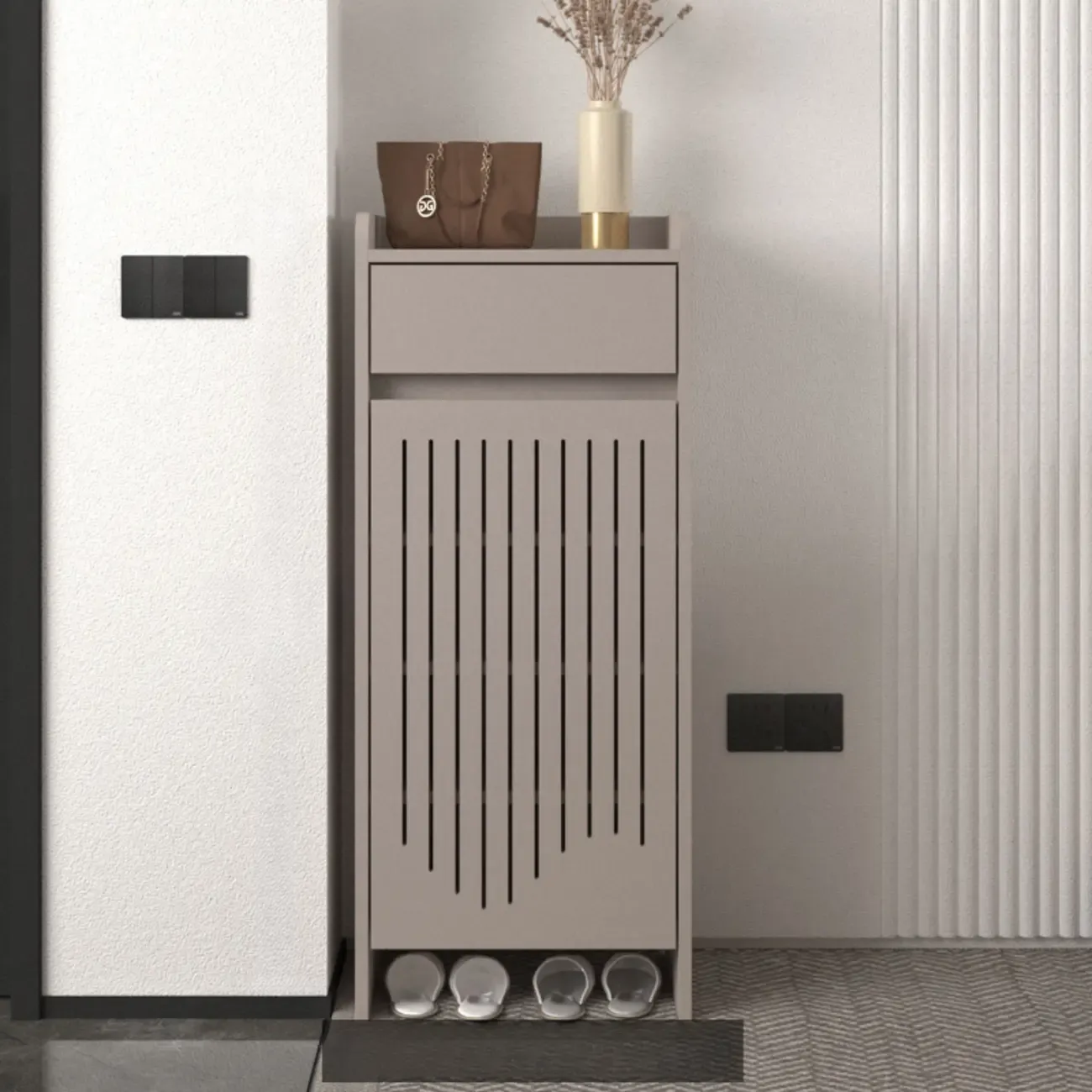 Modern Slim Wood Beige Entryway Shoe Cabinet Image - 20