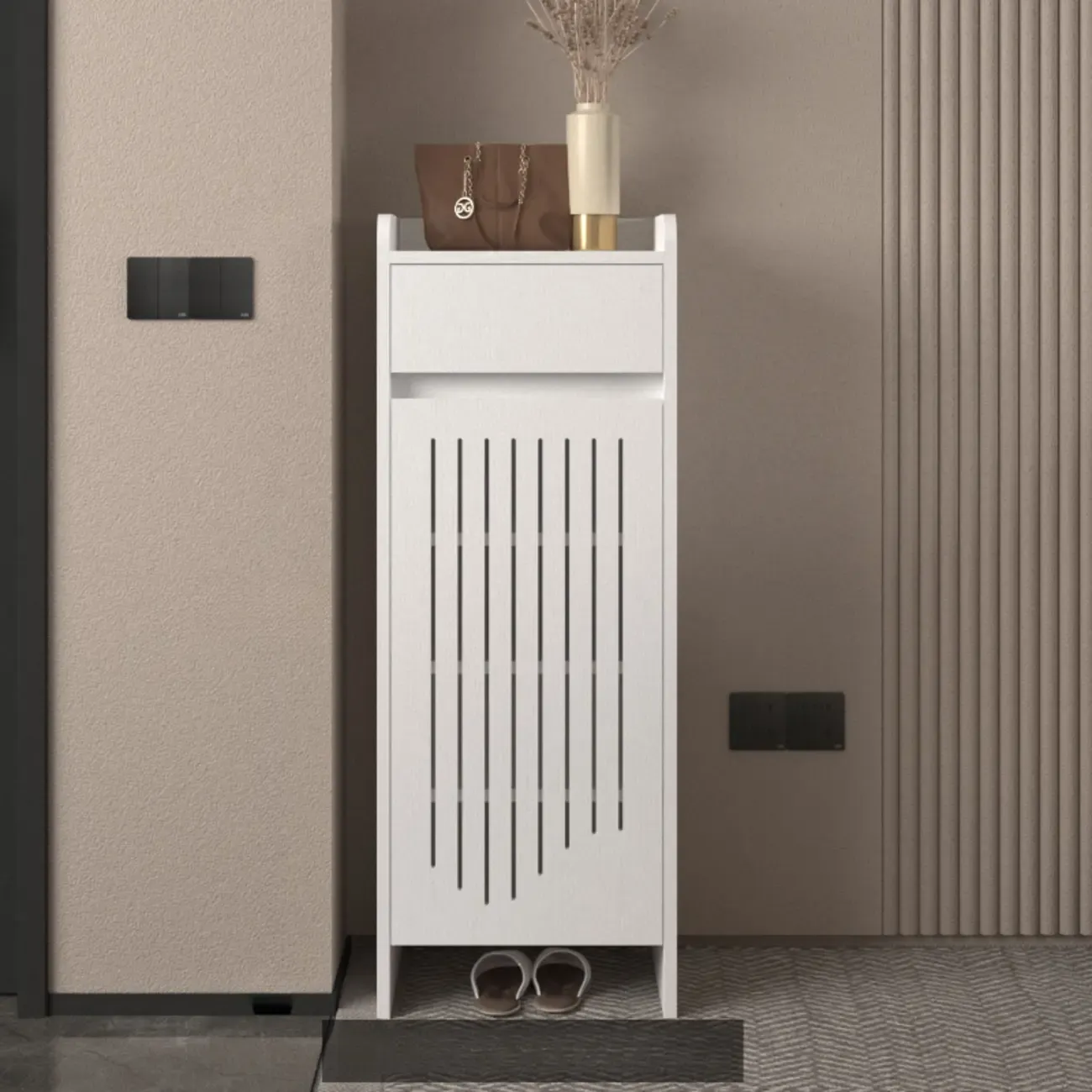 Modern Slim Wood Beige Entryway Shoe Cabinet Image - 23