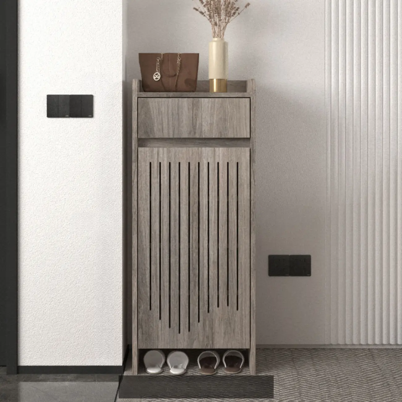Modern Slim Wood Beige Entryway Shoe Cabinet Image - 26 | homeyfad