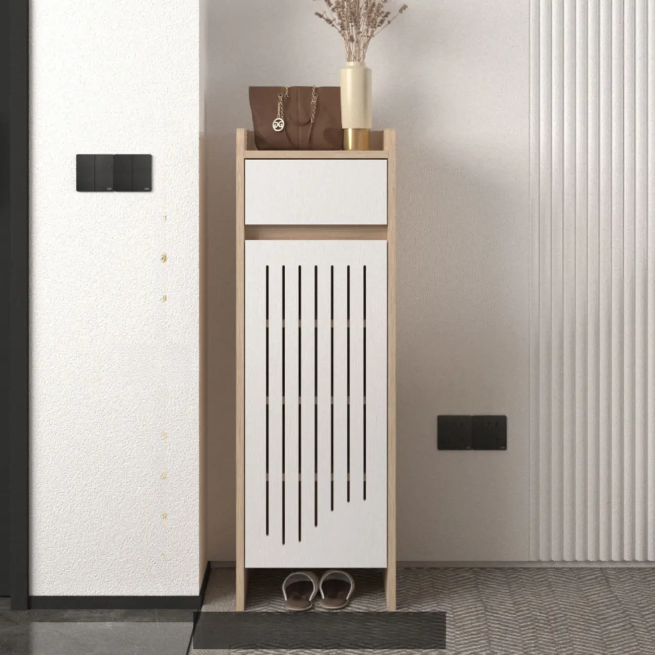 Modern Slim Wood Beige Entryway Shoe Cabinet Image - 27 | homeyfad