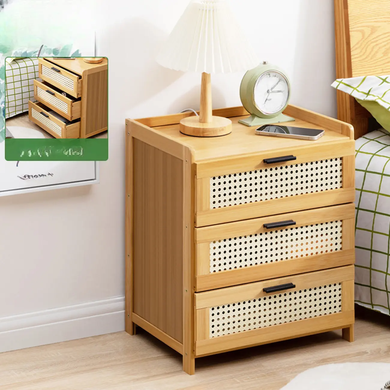 Natural Wooden Ratten 3-Drawer Narrow Nightstand Image - 1 | homeyfad