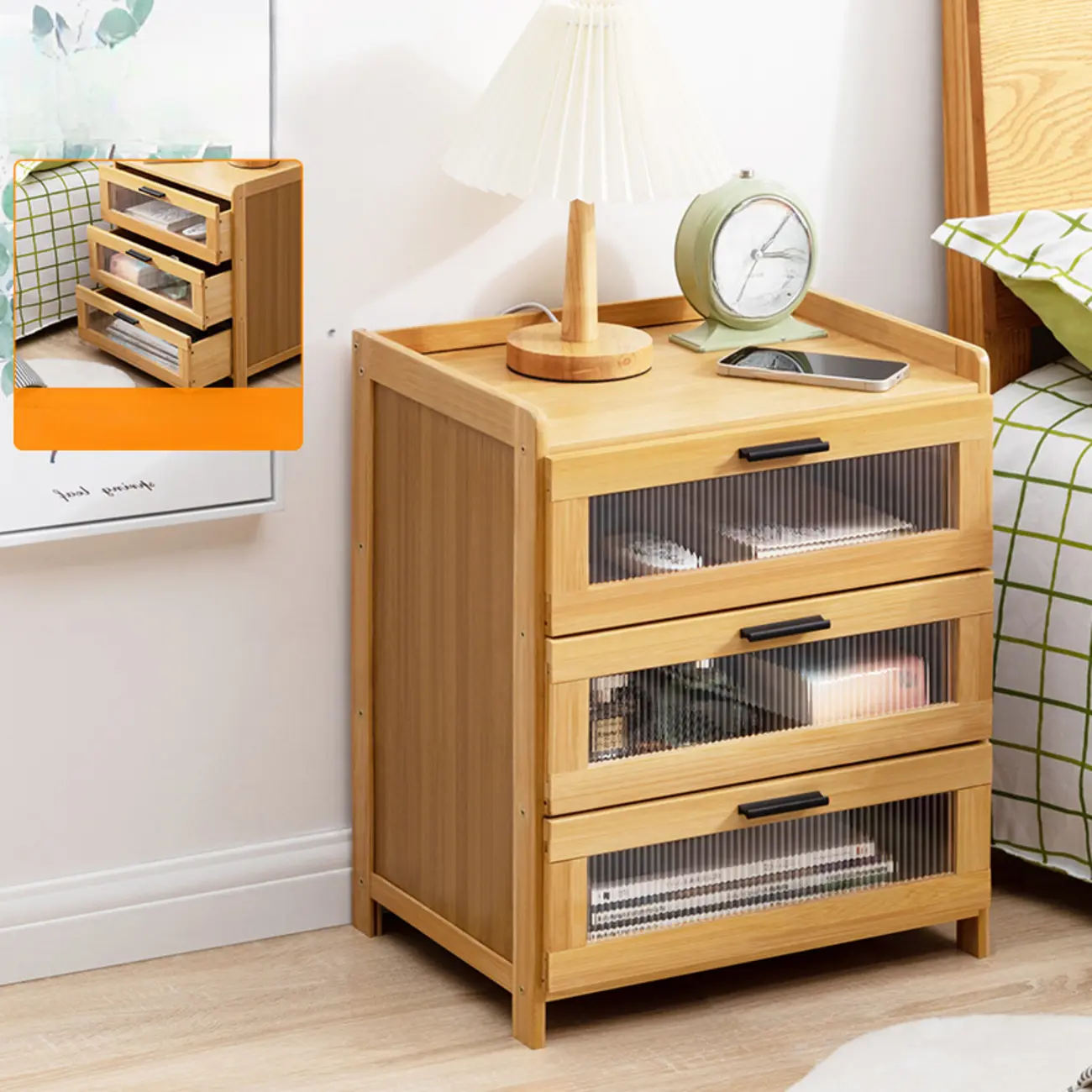 Natural Wooden Ratten 3-Drawer Narrow Nightstand Image - 2 | homeyfad