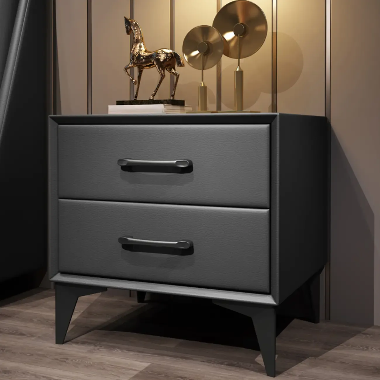 Trendy Leather Wooden 2-Drawer Nightstand with Metal Legs Image - 4