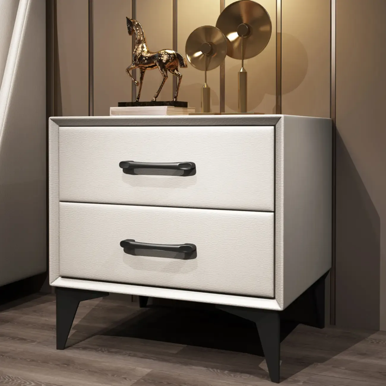 Trendy Leather Wooden 2-Drawer Nightstand with Metal Legs Image - 2