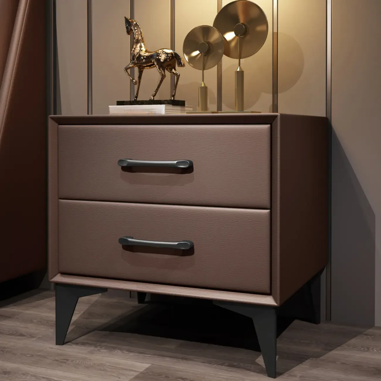 Trendy Leather Wooden 2-Drawer Nightstand with Metal Legs Image - 3