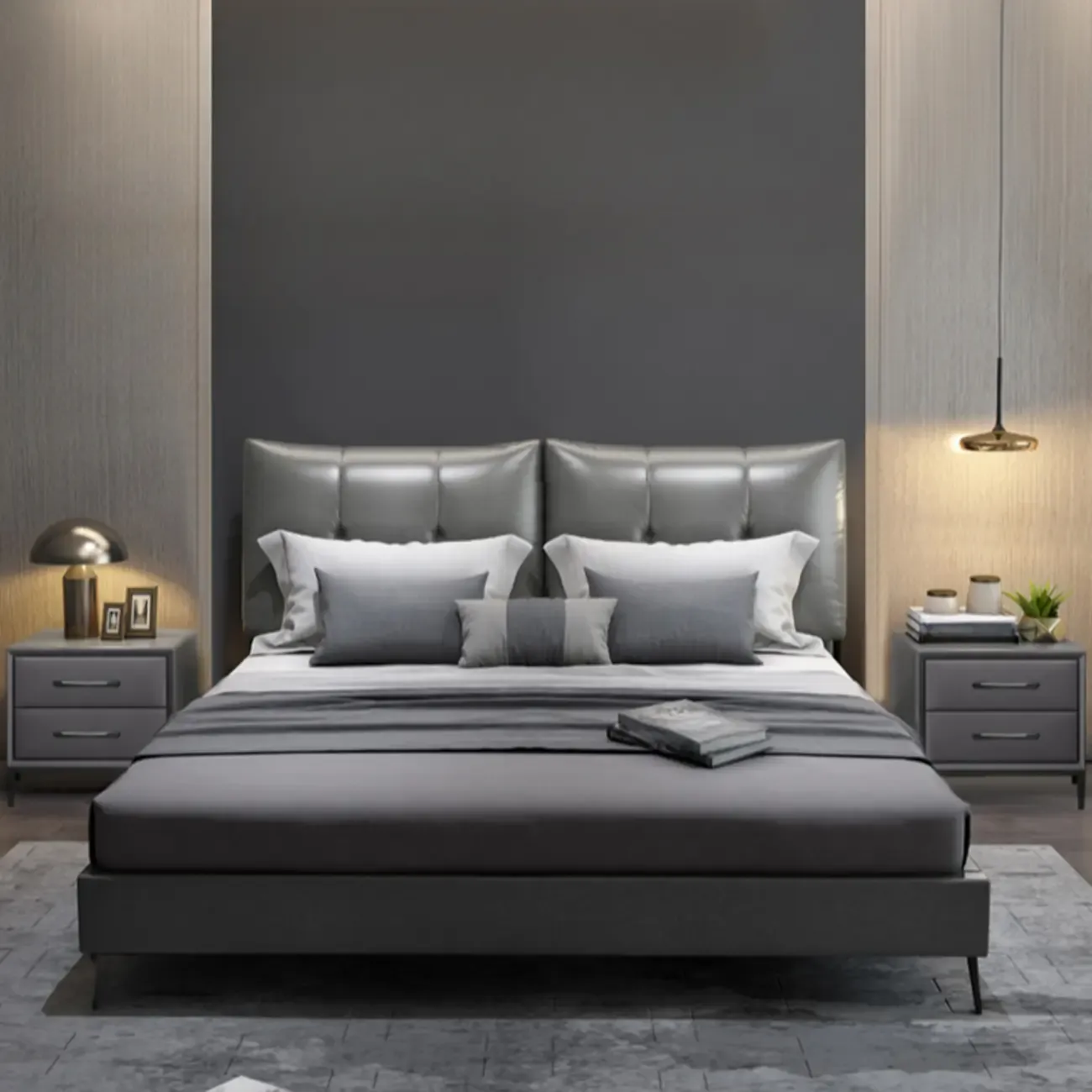 Trendy Leather Wooden 2-Drawer Nightstand with Metal Legs Image - 7