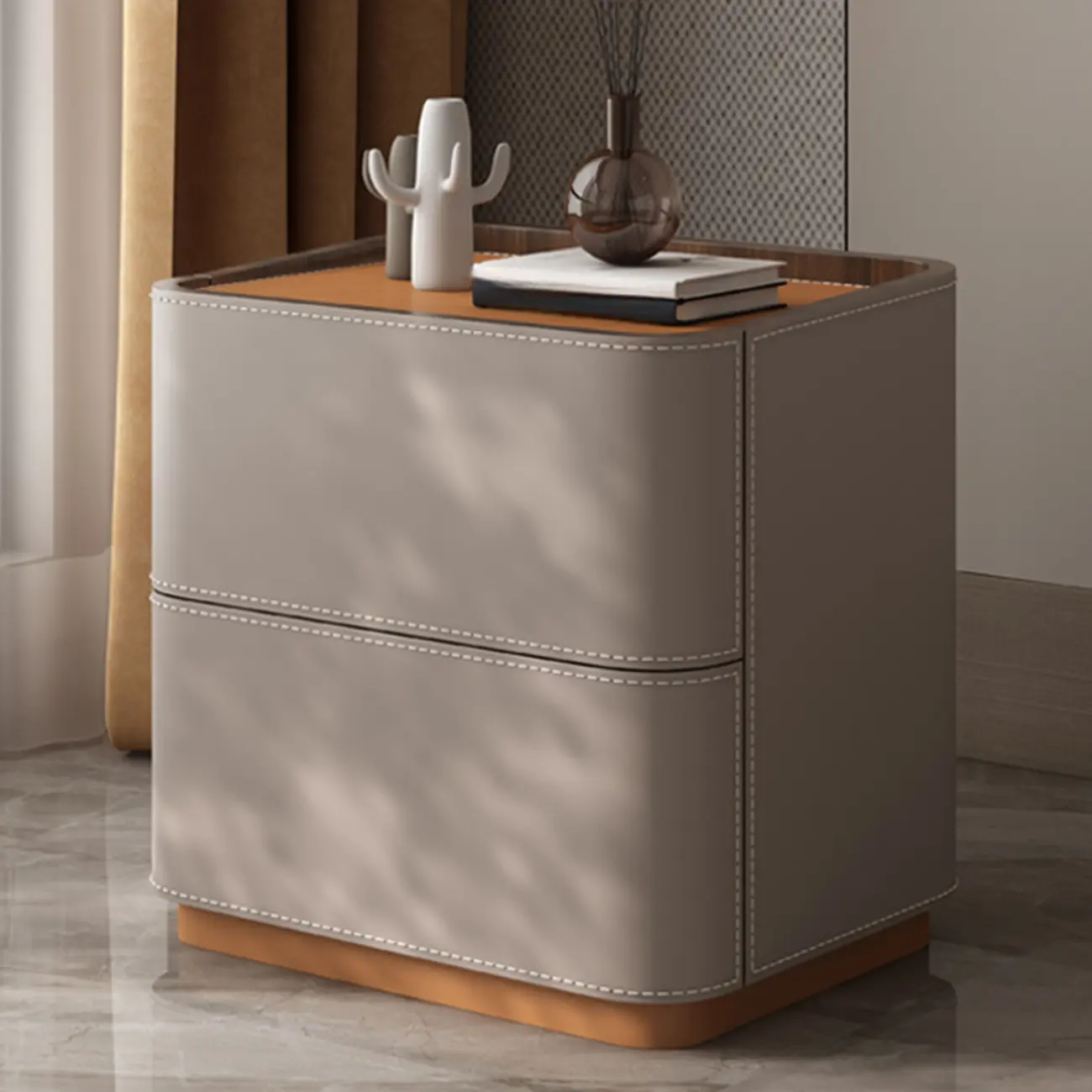 Simplistic Brown Grey Leather 2-Drawer Nightstand Image - 2 | homeyfad