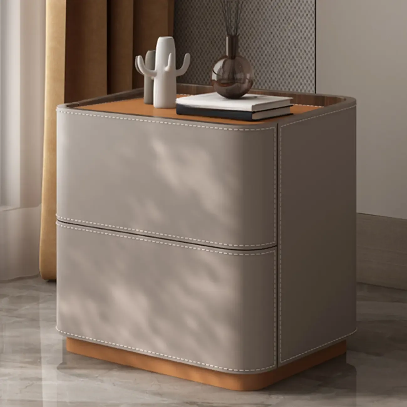 Simplistic Brown Grey Leather 2-Drawer Nightstand Image - 2