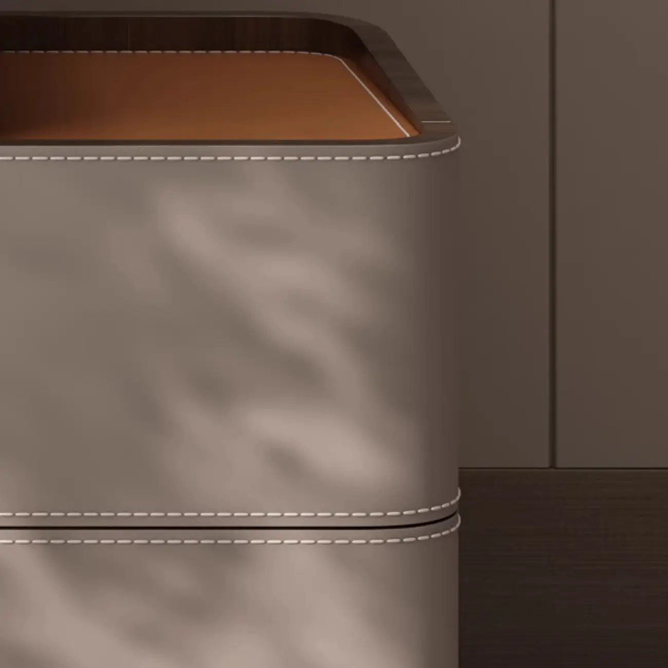 Simplistic Brown Grey Leather 2-Drawer Nightstand Image - 4 | homeyfad