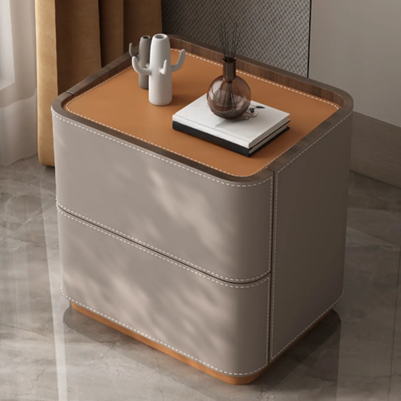 Simplistic Brown Grey Leather 2-Drawer Nightstand Image - 1 | homeyfad