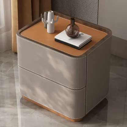 Simplistic Brown Grey Leather 2-Drawer Nightstand Image - 1
