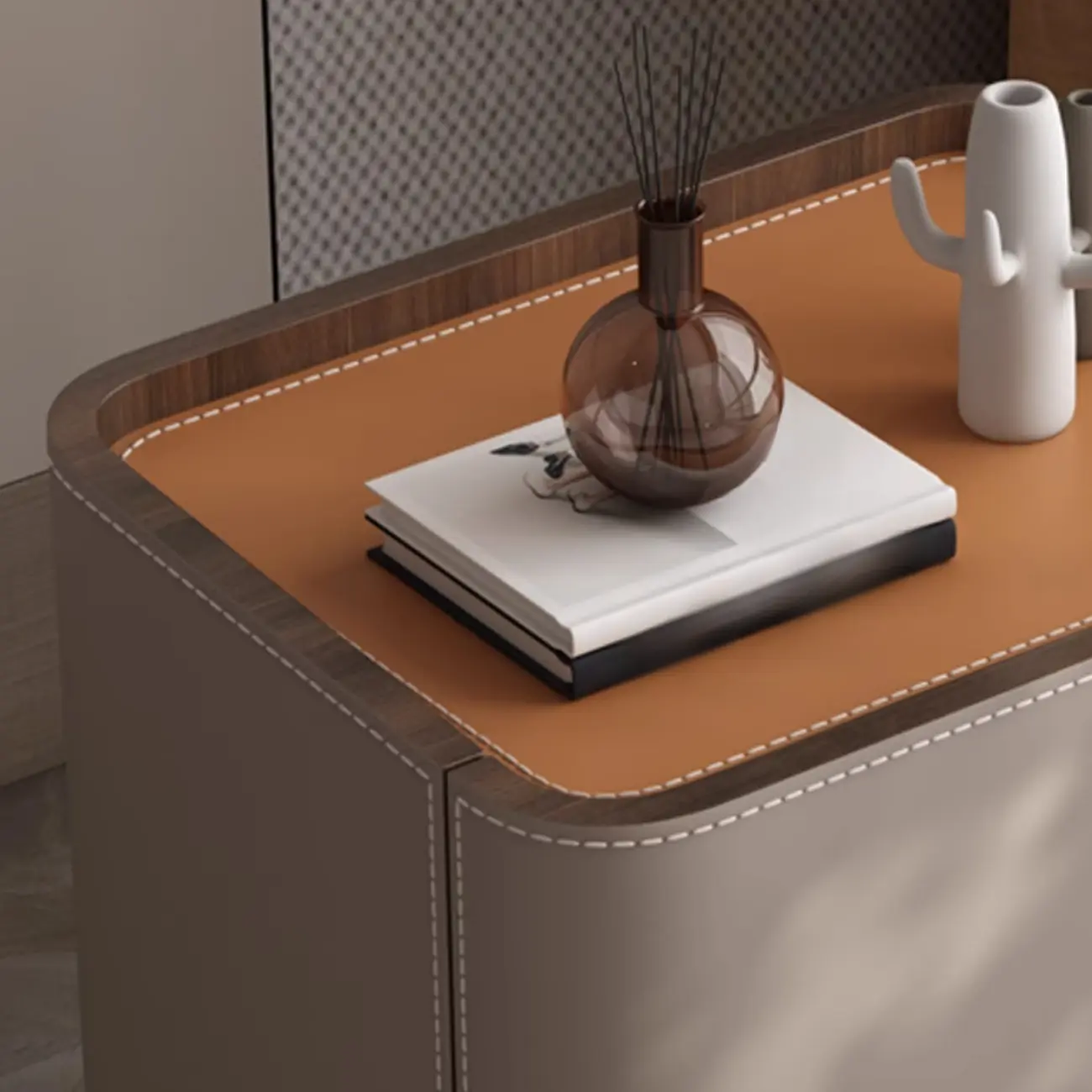 Simplistic Brown Grey Leather 2-Drawer Nightstand Image - 5 | homeyfad
