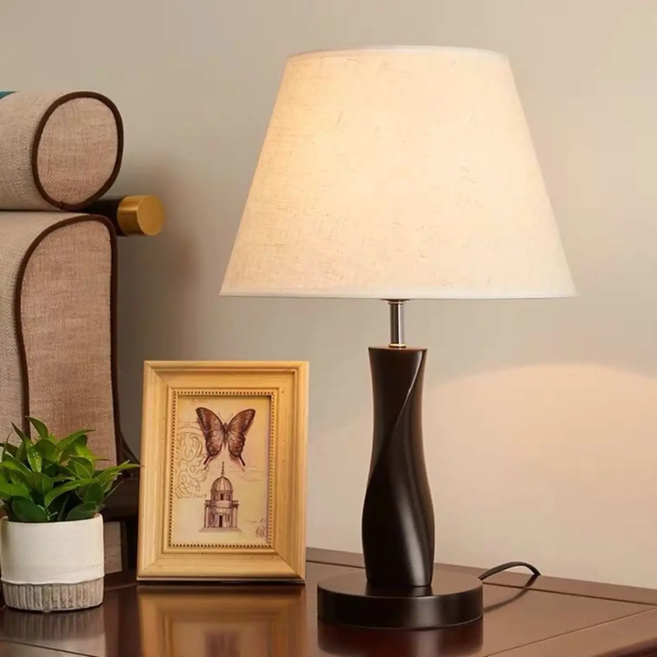 Elegant Modern Wood Fabric	Black  LED Table Lamp Dimmable  Image - 5 | homeyfad