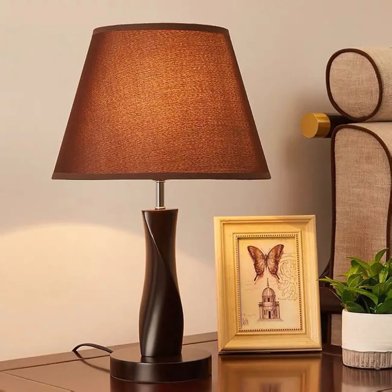 Elegant Modern Wood Fabric	Black  LED Table Lamp Dimmable  Image - 7 | homeyfad