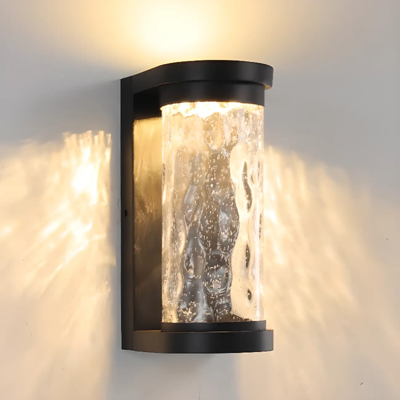 Modern Black Cylinder Ribbed Glass Outdoor Wall Light | homeyfad