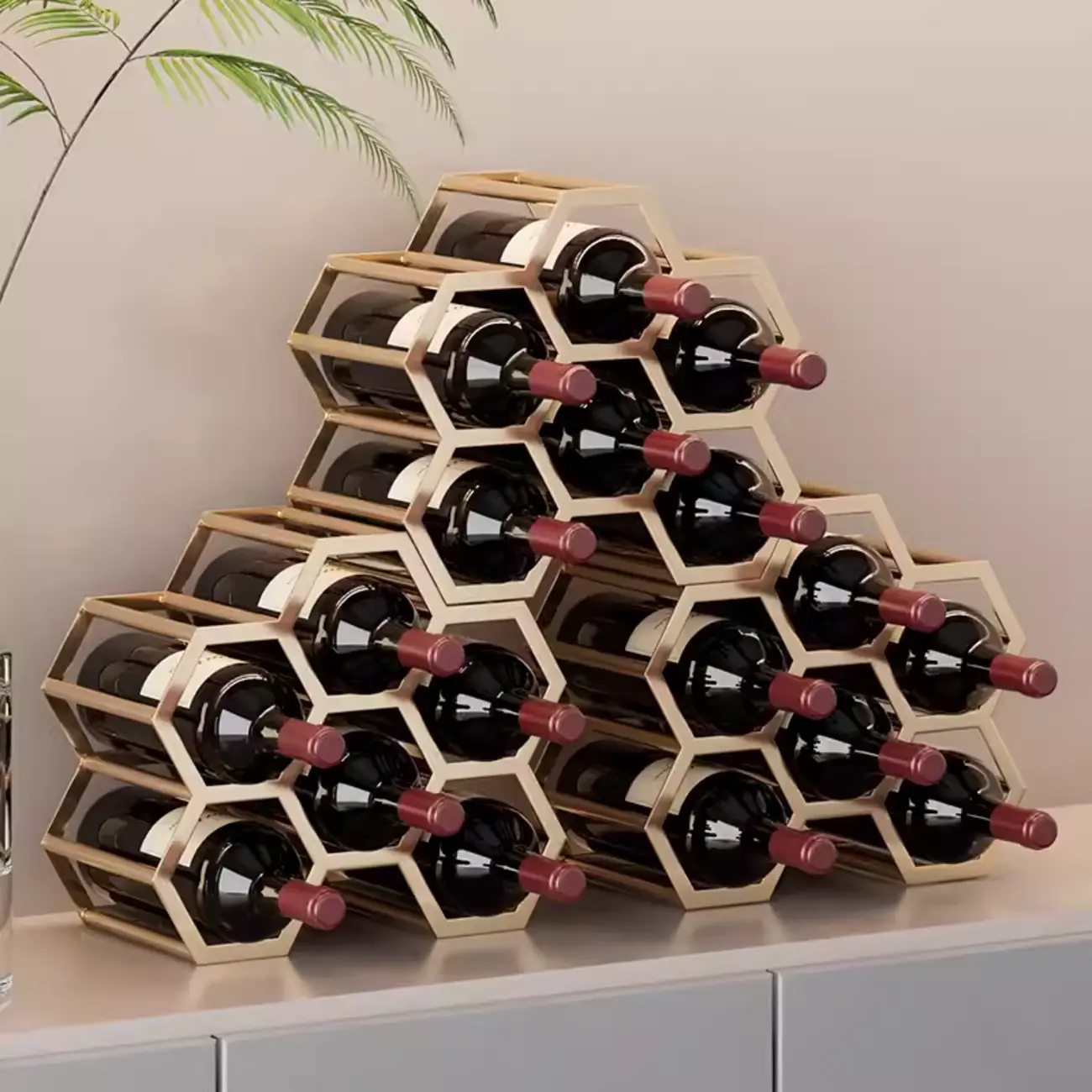 Freestanding Metal Wine Rack Hexagon Tabletop Bottle Holder | homeyfad