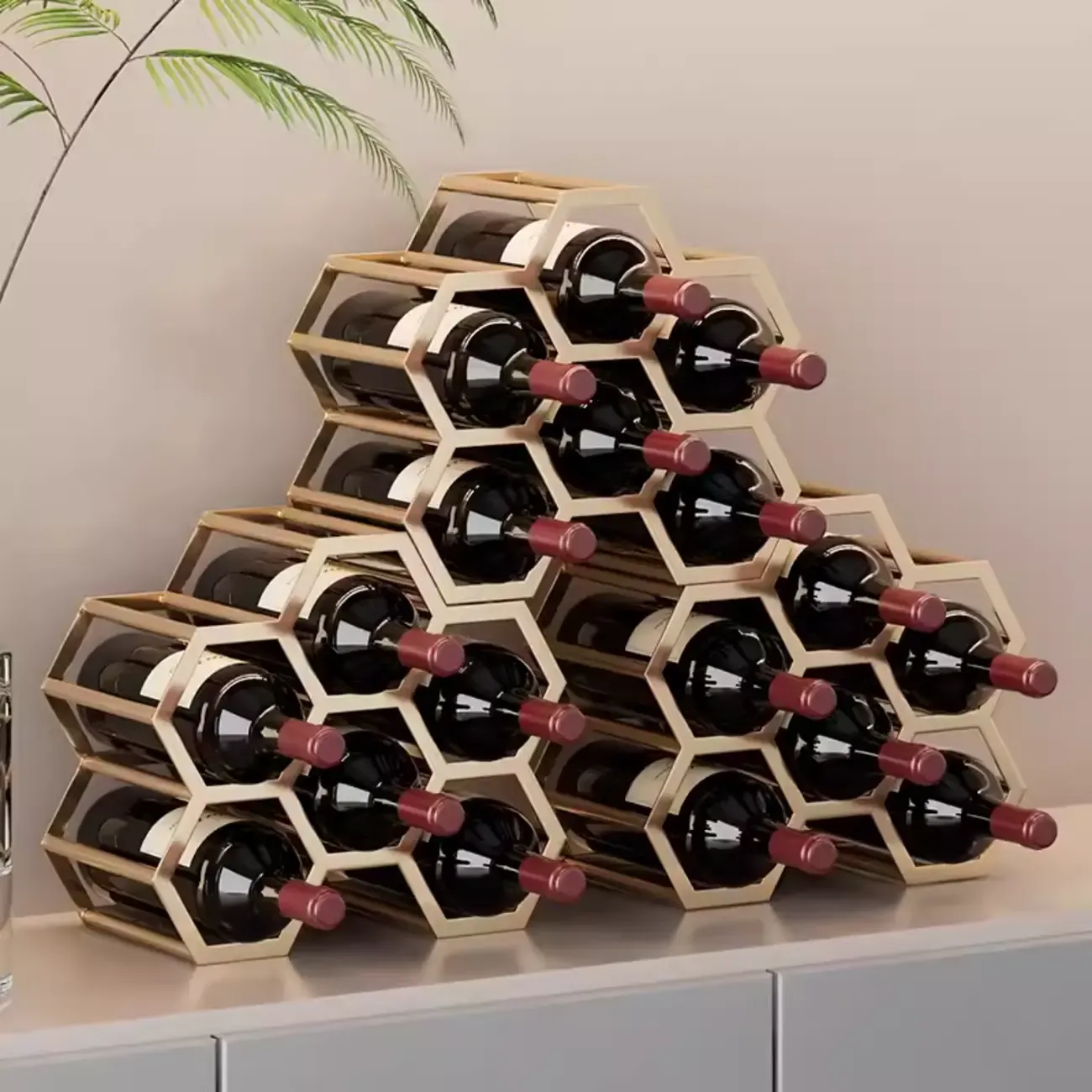 Freestanding Metal Wine Rack Hexagon Tabletop Bottle Holder