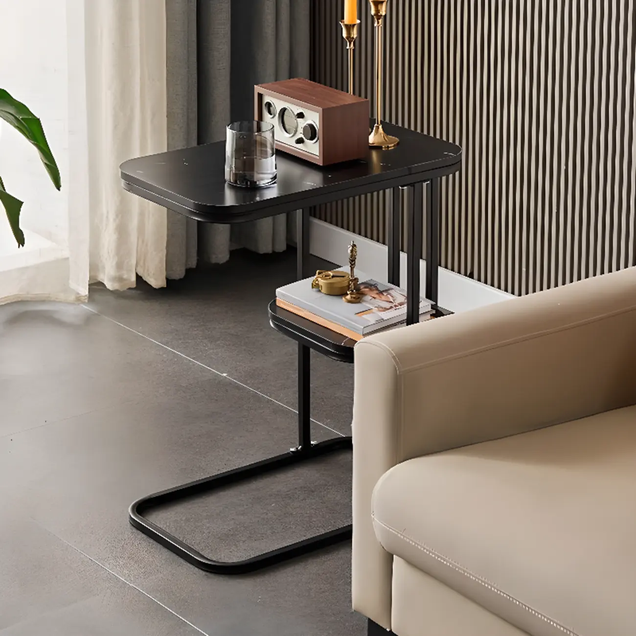  C-Shaped Wood Narrow End Table with Storage for Small Space Image - 1 | homeyfad