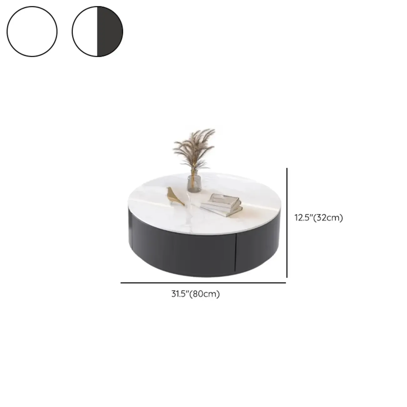 Black White Modern Stylish Round Wood Drawer Coffee Table #size