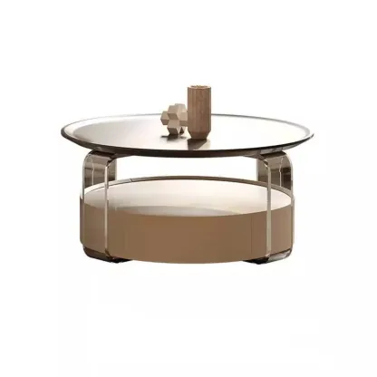 Brown Round Sleek Wooden Coffee Drawer Table Image - 11