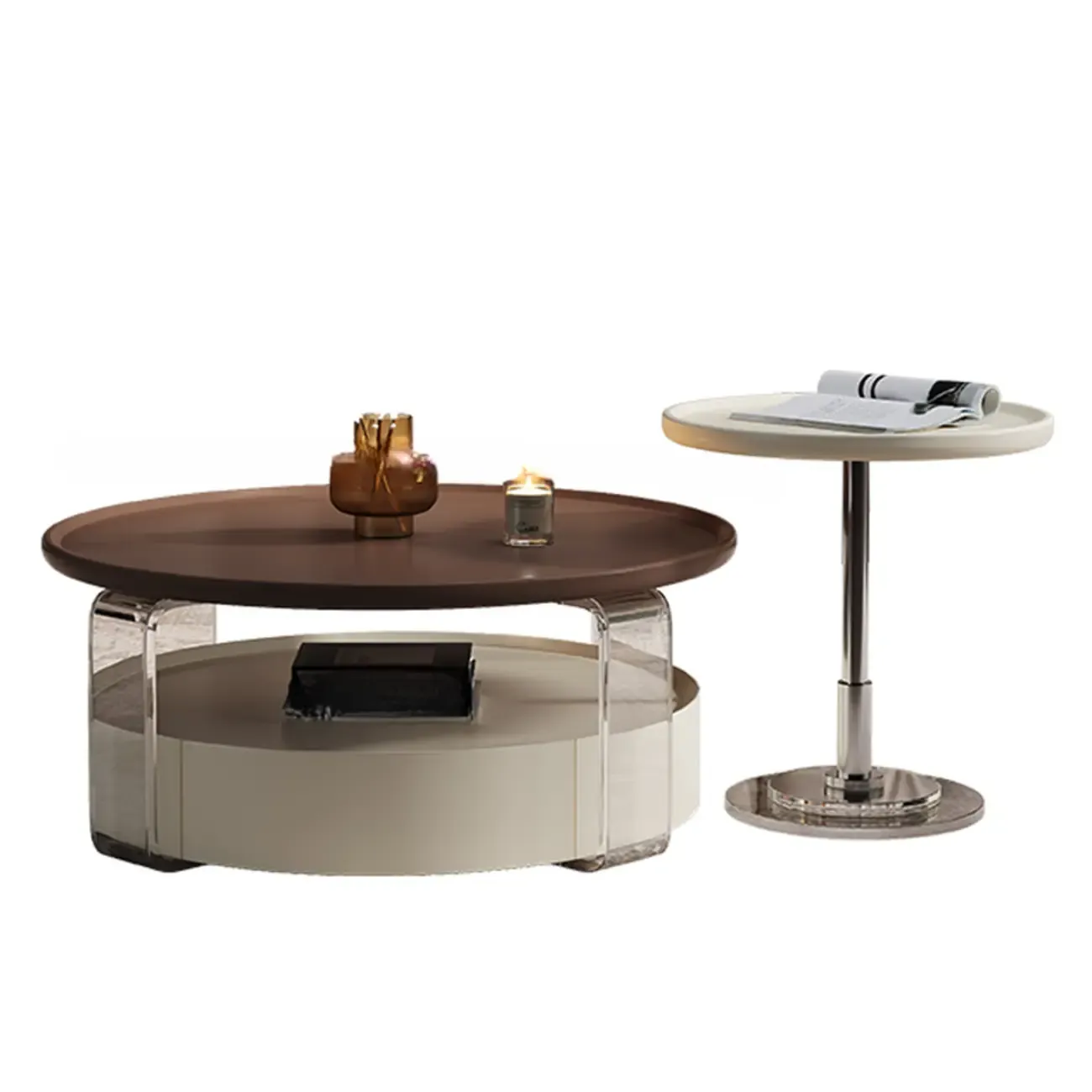 Brown Round Sleek Wooden Coffee Drawer Table Image - 12