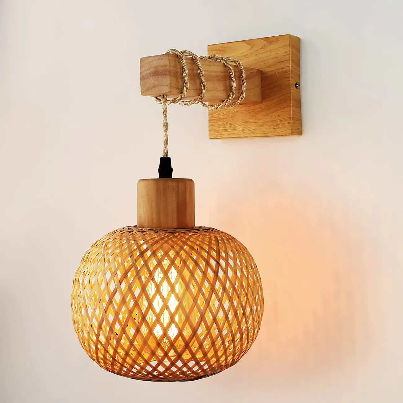 Oriental Rattan Wall Light with Wood Finish for Bedroom Image - 2 | homeyfad