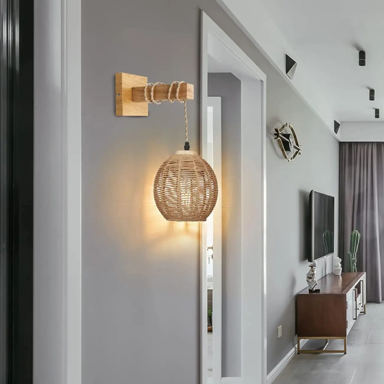 Oriental Rattan Wall Light with Wood Finish for Bedroom Image - 13 | homeyfad