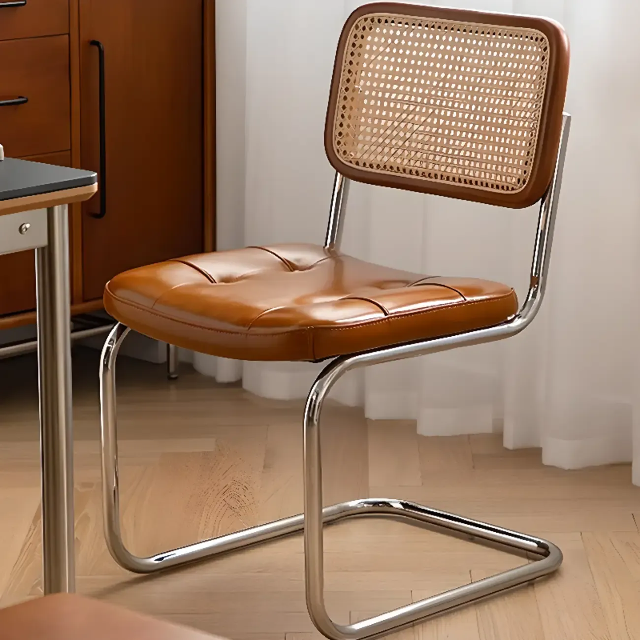 Modern Brown Cantilever Faux Leather Dining Chair Woven Back Image - 1