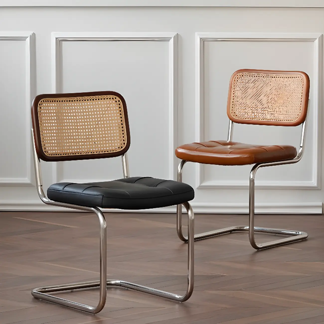 Modern Brown Cantilever Faux Leather Dining Chair Woven Back Image - 3 | homeyfad