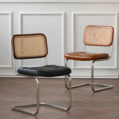 Modern Brown Cantilever Faux Leather Dining Chair Woven Back Image - 3