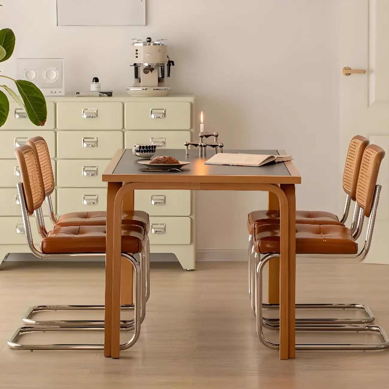 Modern Brown Cantilever Faux Leather Dining Chair Woven Back Image - 5 | homeyfad