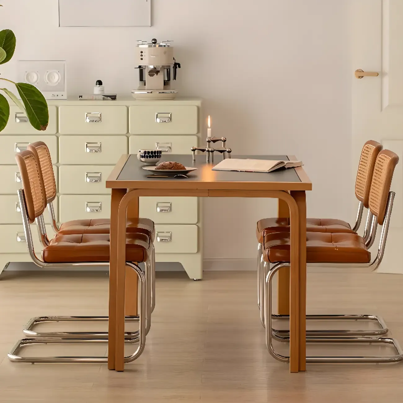 Modern Brown Cantilever Faux Leather Dining Chair Woven Back Image - 5