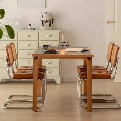 Modern Brown Cantilever Faux Leather Dining Chair Woven Back Image - 5