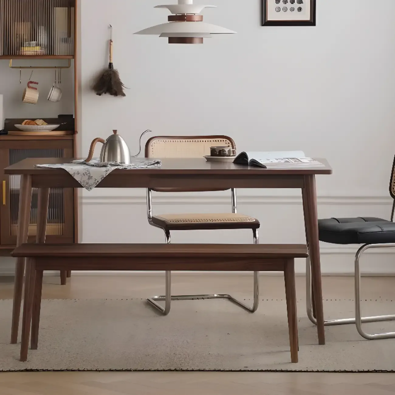 Modern Brown Cantilever Faux Leather Dining Chair Woven Back Image - 6