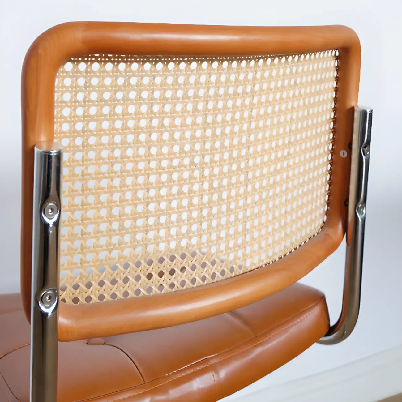 Modern Brown Cantilever Faux Leather Dining Chair Woven Back Image - 12