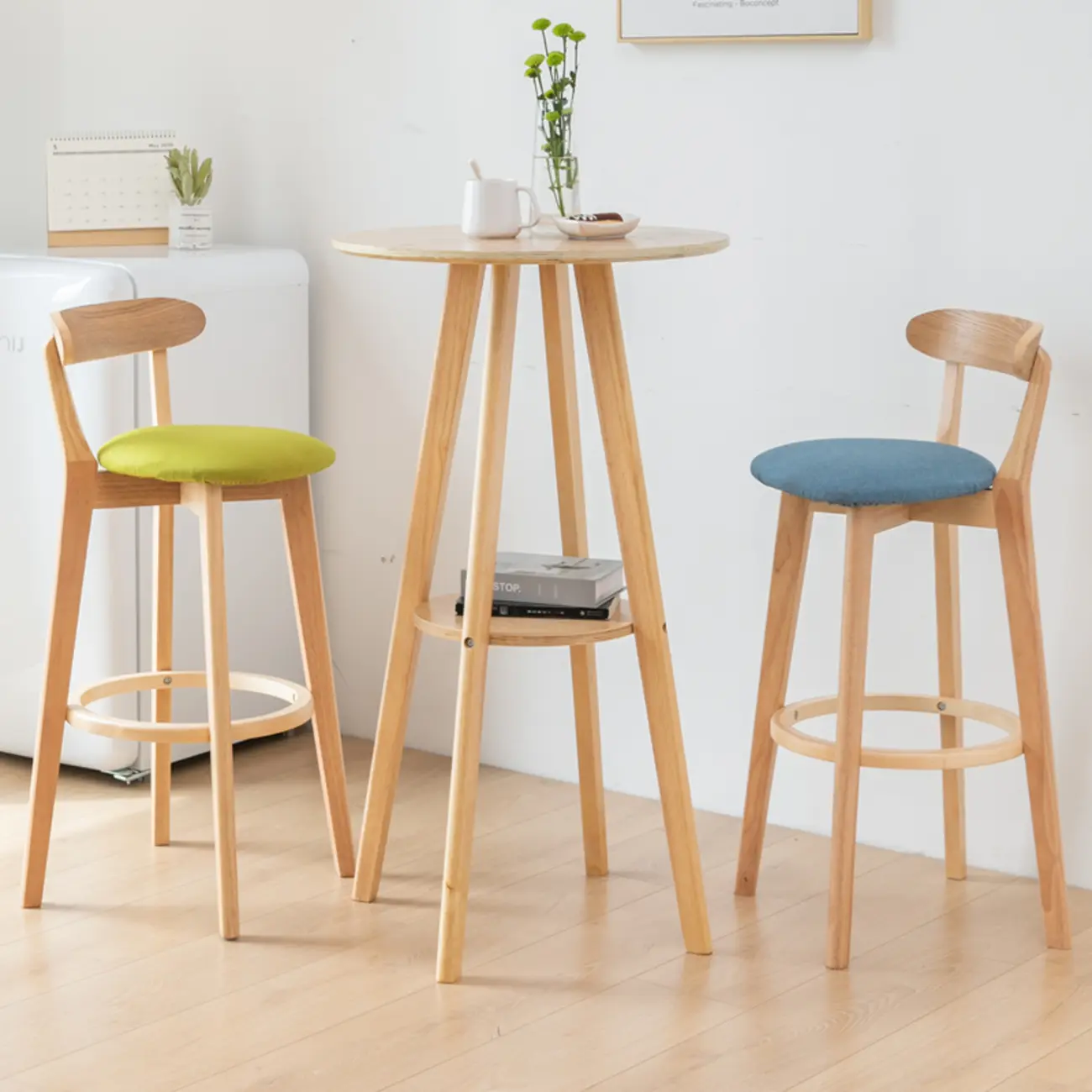 Natural Wood Round Bar Table with Shelf for Kitchen Dining Image - 1 | homeyfad
