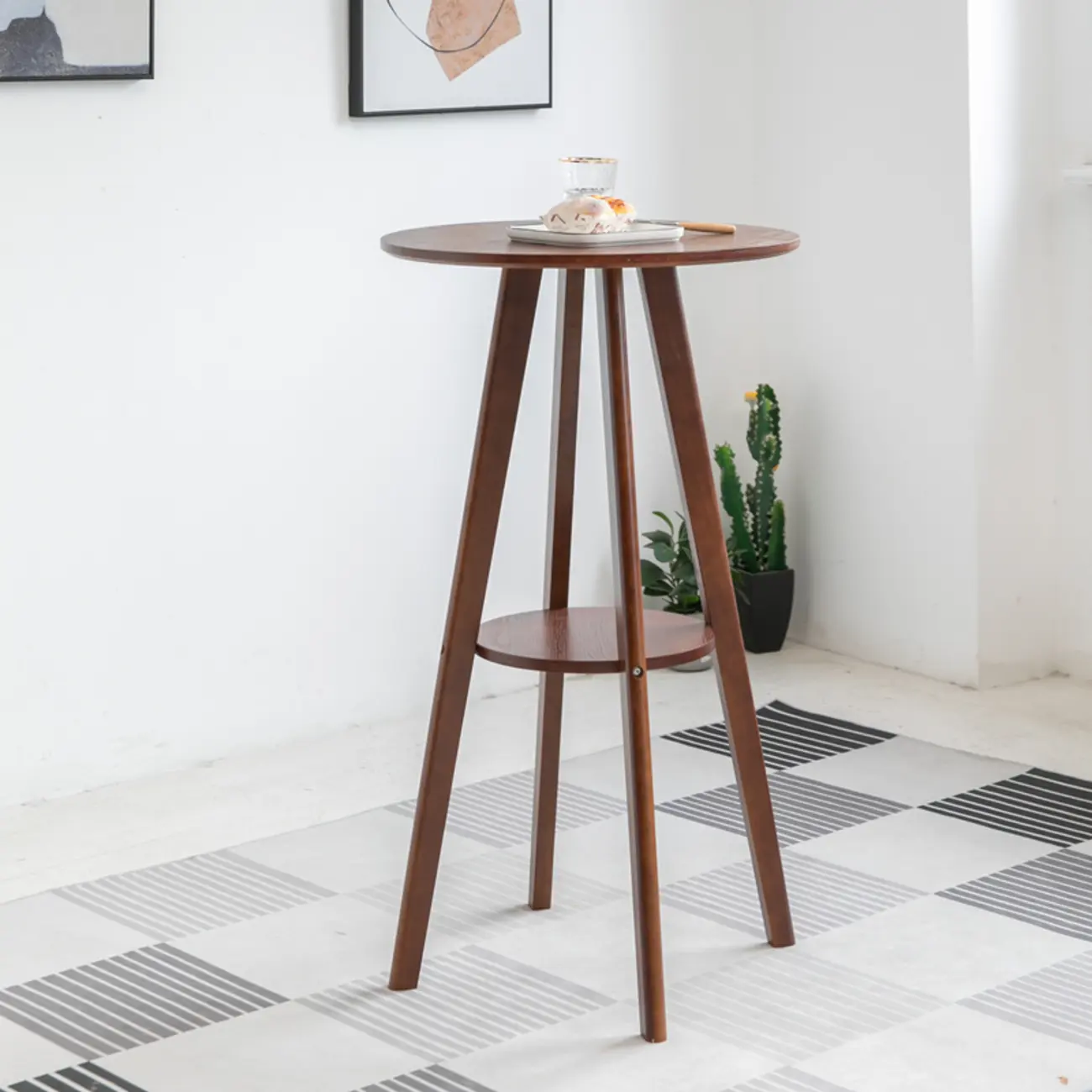 Natural Wood Round Bar Table with Shelf for Kitchen Dining Image - 2 | homeyfad