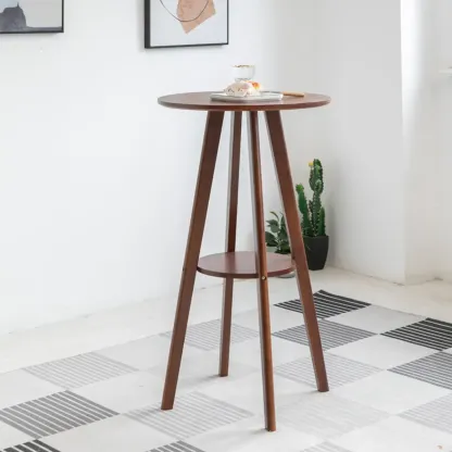 Natural Wood Round Bar Table with Shelf for Kitchen Dining Image - 2