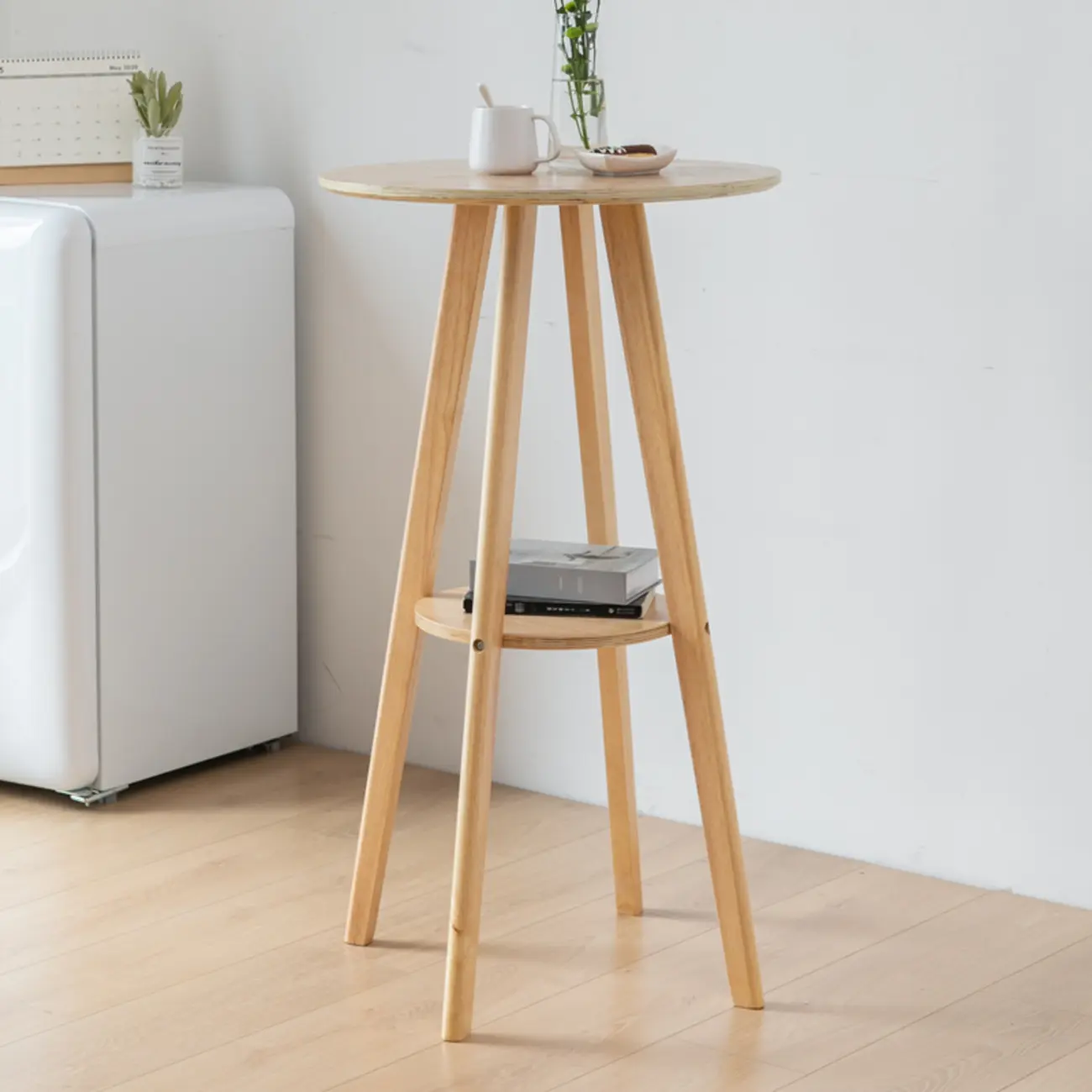 Natural Wood Round Bar Table with Shelf for Kitchen Dining Image - 3 | homeyfad