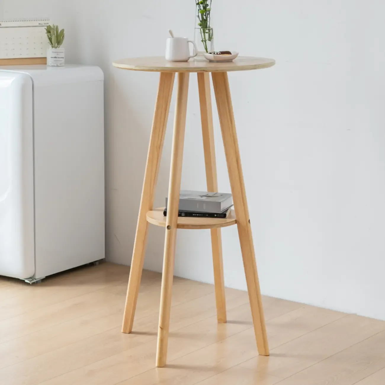 Natural Wood Round Bar Table with Shelf for Kitchen Dining Image - 3