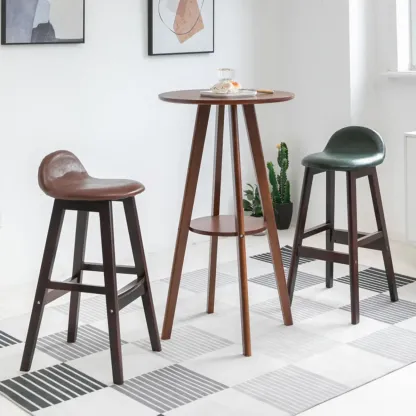 Natural Wood Round Bar Table with Shelf for Kitchen Dining Image - 8