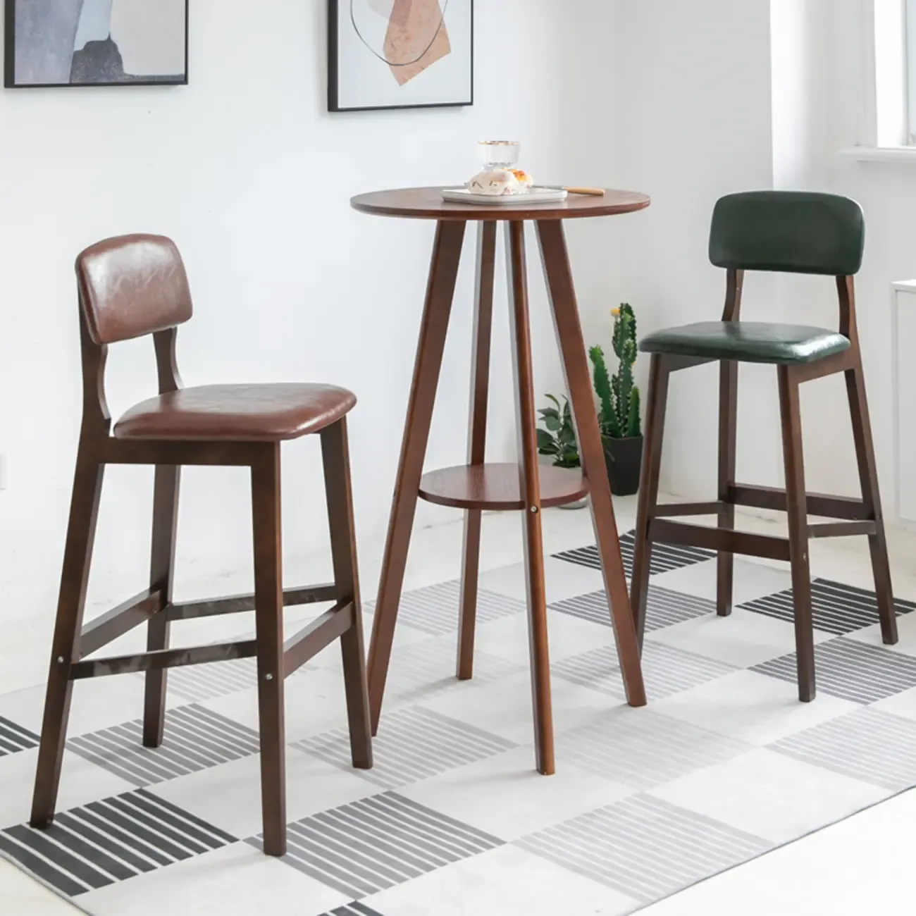 Natural Wood Round Bar Table with Shelf for Kitchen Dining Image - 9