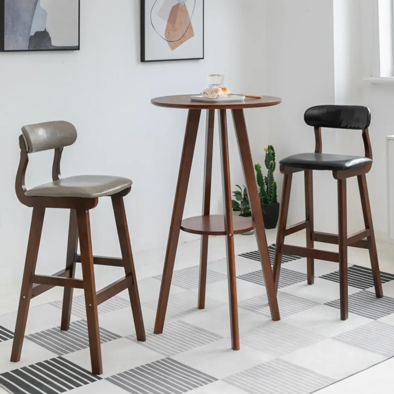 Natural Wood Round Bar Table with Shelf for Kitchen Dining Image - 10