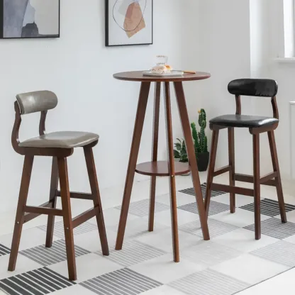 Natural Wood Round Bar Table with Shelf for Kitchen Dining Image - 10