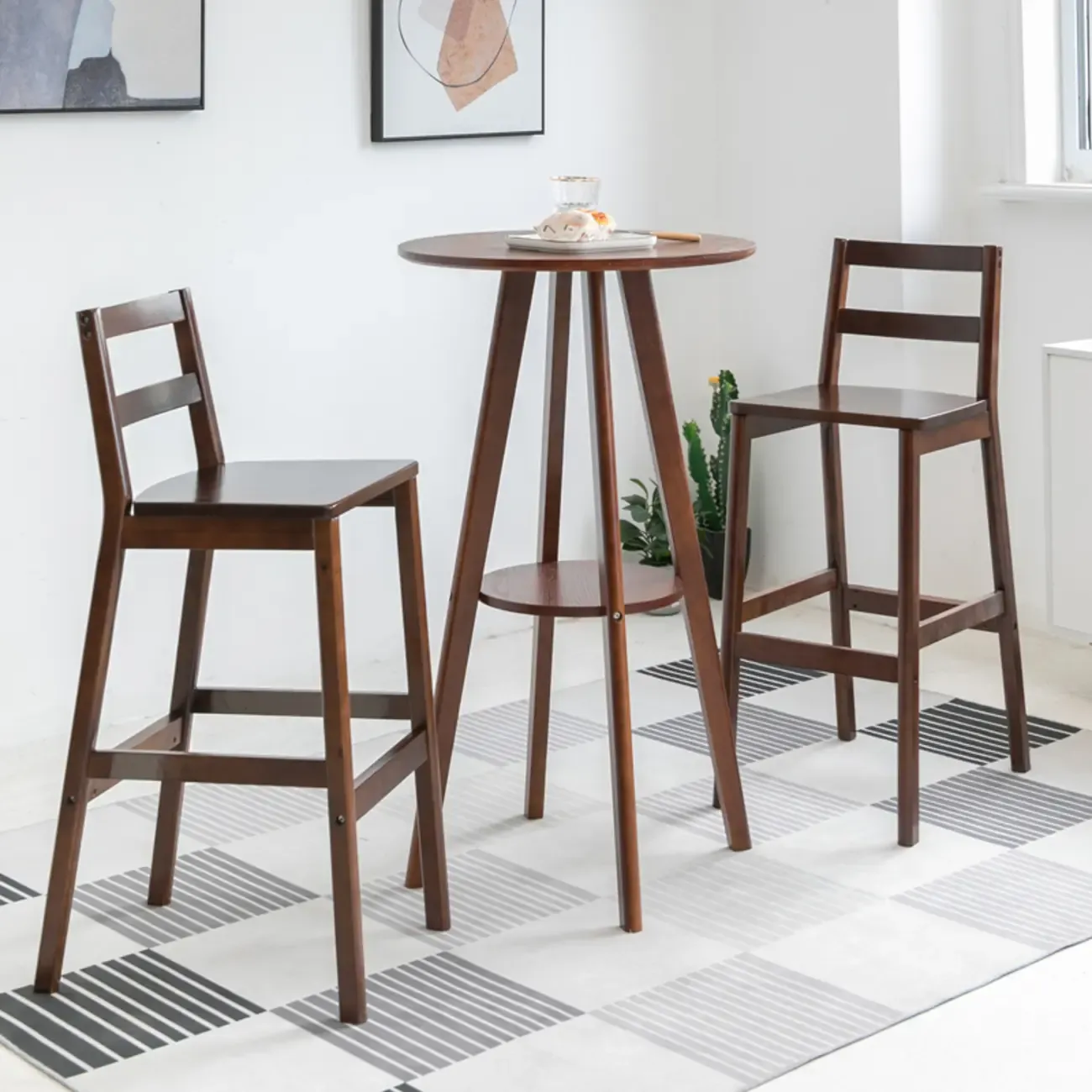 Natural Wood Round Bar Table with Shelf for Kitchen Dining Image - 13