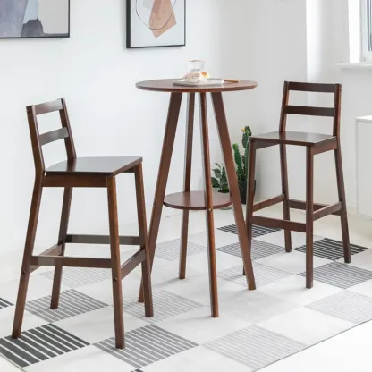 Natural Wood Round Bar Table with Shelf for Kitchen Dining Image - 13