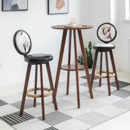 Natural Wood Round Bar Table with Shelf for Kitchen Dining Image - 14