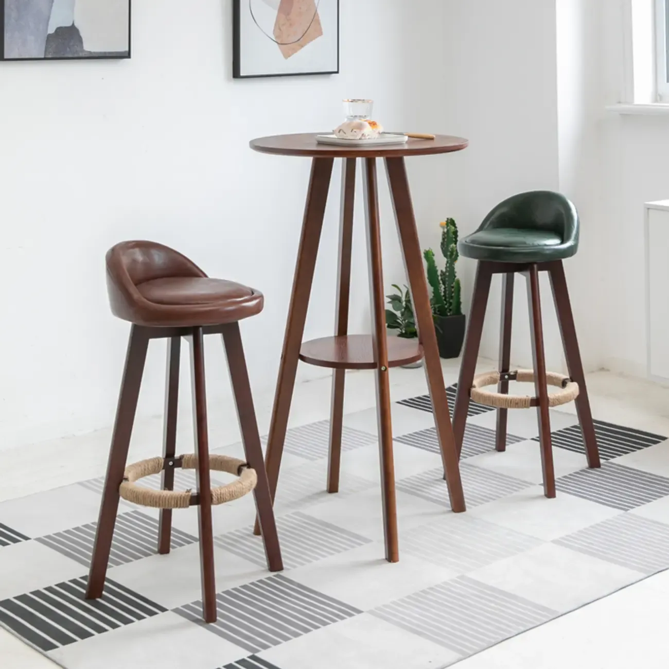 Natural Wood Round Bar Table with Shelf for Kitchen Dining Image - 15