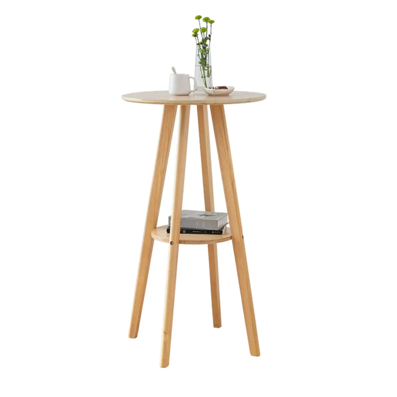 Natural Wood Round Bar Table with Shelf for Kitchen Dining Image - 16