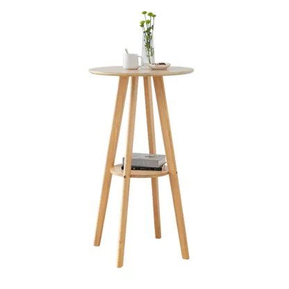 Natural Wood Round Bar Table with Shelf for Kitchen Dining Image - 16